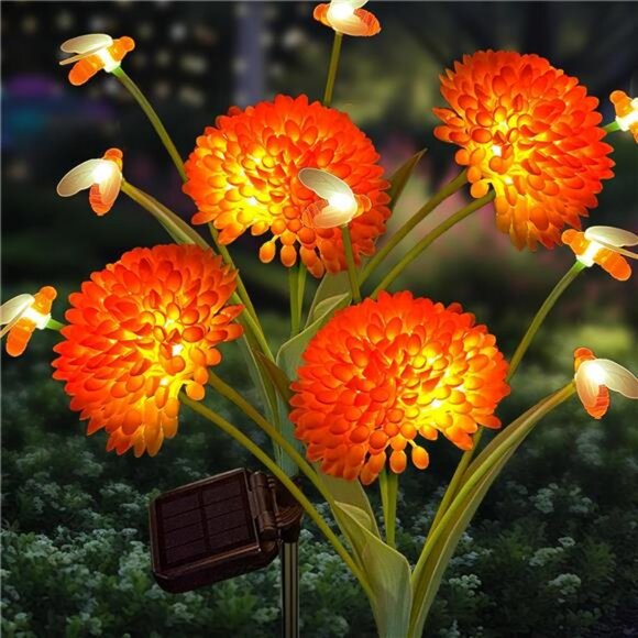 Solar Swaying Bee Lights with Flowers, Waterproof Firefly Lights for Outdoor - Picture 1 of 7
